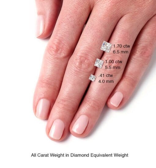 square cut moissanite sizes on hand