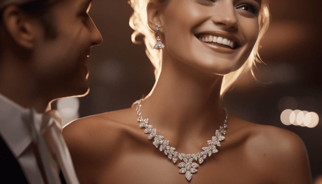 a photo for jewellery for spacial occasions the photo is of of a beautiful woman wearing an ornate diamond necklace