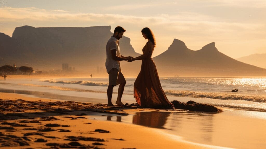 a man and an woman proposing on a beach in Capetown at sunset