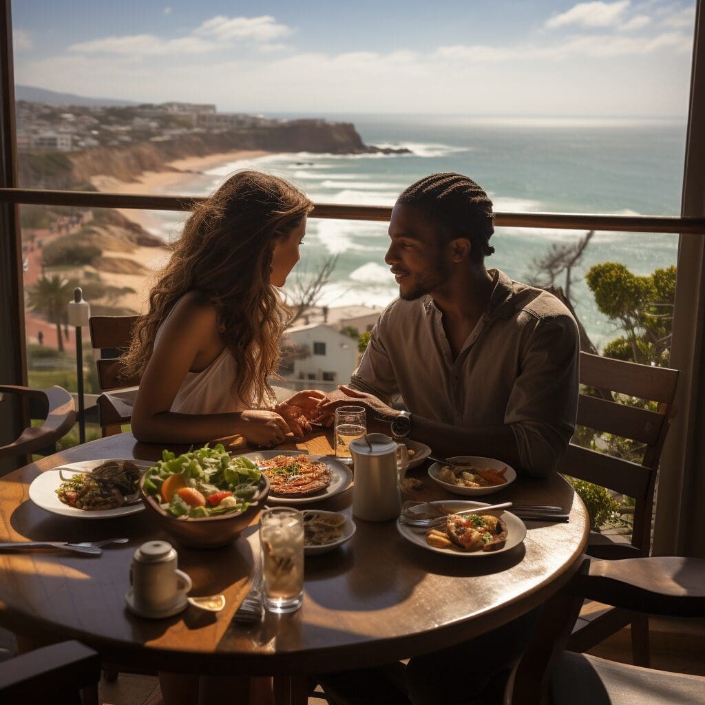 romantic photograph of a young South African couple having lunch on a sunny deck with the ocean in the background